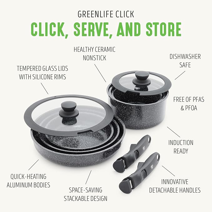 GreenLife 10 Piece Nonstick Pots & Pans Set, Detachable Handle & Stackable Cookware Set, Non Toxic PFAS-Free Skillets, Induction Kitchen Pans, Space Saving, Serving Bowls, Oven Safe, Granite Black