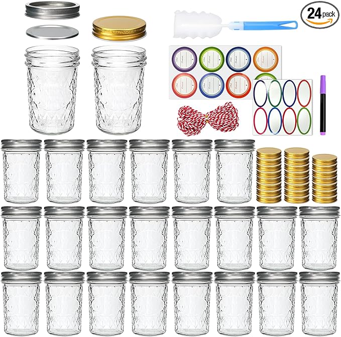 8oz Mason Jars, Canning Jars,Jam Jars forJelly,Honey, Wedding Favors, Food Storage,Kitchen & DIY Gifts, with Lables,Sponge Brush,Pen and Red Hemo Rope,Set of 24