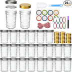 8oz Mason Jars, Canning Jars,Jam Jars forJelly,Honey, Wedding Favors, Food Storage,Kitchen & DIY Gifts, with Lables,Sponge Brush,Pen and Red Hemo Rope,Set of 24