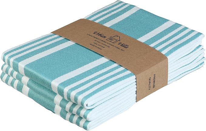 Urban Villa Kitchen Towels 100% Cotton Pack of 3, Highly Absorbent Quick Drying Super Soft Premium Dish Towels 20x30 Inch for Kitchen with Hanging Loop Hand & Tea Towels - Aqua/White