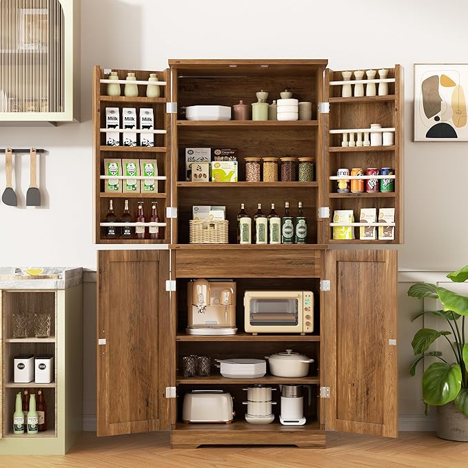 Shintenchi Kitchen Pantry Cabinet, Freestanding Farmhouse Storage Cabinet with 8 Door Shelves, 2 Cabinets and 1 Drawer, Tall Cupboard for Kitchen, Living Room, Dining Room and Bathroom, Rustic Brown