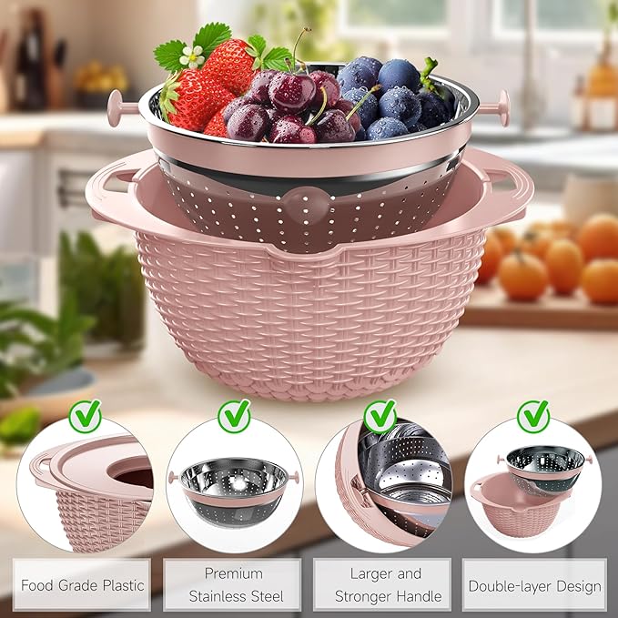4-1 Colander with Bowl Set - Food Strainer with Graters & Spoons - Colanders for kitchen - Strainers and Colanders - Strainer Bowl Fruit Cleaner with Colander Pasta Rice Strainer for Veggie Wash Pink