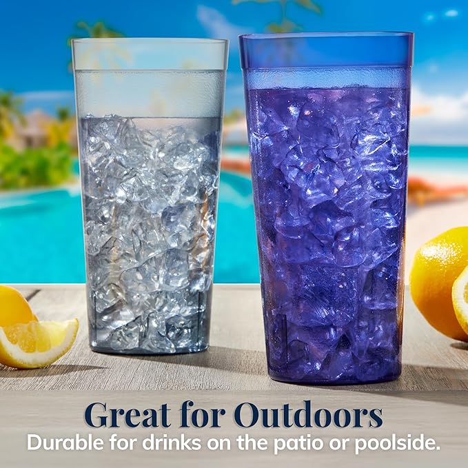 US Acrylic Café Plastic Reusable Tumblers (Set of 12) 32-ounce Iced-Tea Cups, Coastal | Value Set of Restaurant Style Drinking Glasses, Stackable, BPA-free, Made in the USA | Top-rack Dishwasher Safe