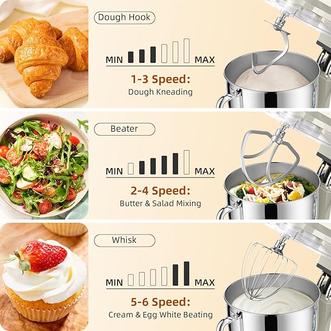 Dough Mixer 8.45 QT Electric Mixer - 660W 6 Speed Large Capacity Kitchen Stand Mixer with Whisk Dough Hook Mixing Beater Household Food Mixer for Baking Cakes Cookie Bread Salad (White)