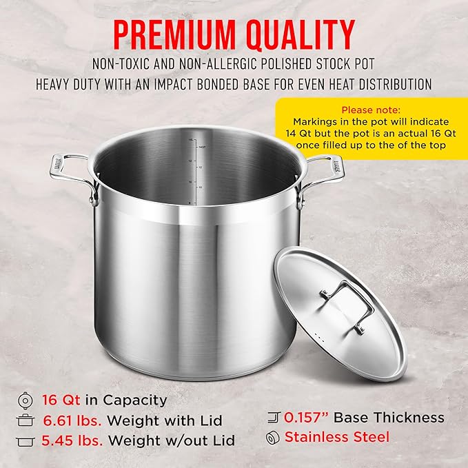 Stainless Steel Stockpot with Lid 16 Quart, Durable 18/8 Stainless Steel, Impact-Bonded Base for Even Heating, Riveted Handles, Oven & All Stove Compatible, Safe Up To 500°F (260°C)