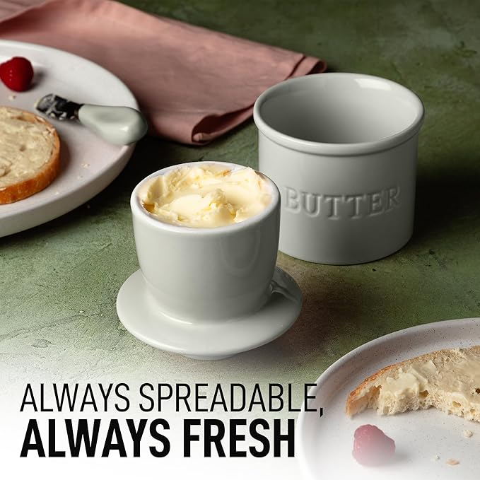 Zulay Kitchen Butter Crock With Lid & Spreader Knife for Countertop - Ceramic French Butter Dish Keeper For Fresh & Spreadable Butter - Light Gray