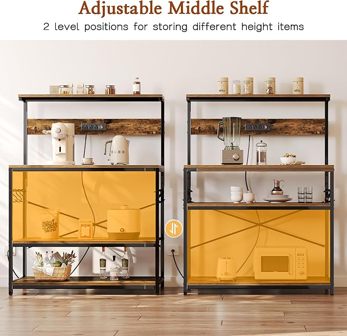 SUPERJARE Bakers Rack with Power Outlets, Microwave Stand, 39.4 X 14.3 Inch Larger Desktop, Kitchen Storage Rack with Adjustable Middle Shelf, 6 S-Shaped Hooks, Coffee Bar Stand, Rustic Brown