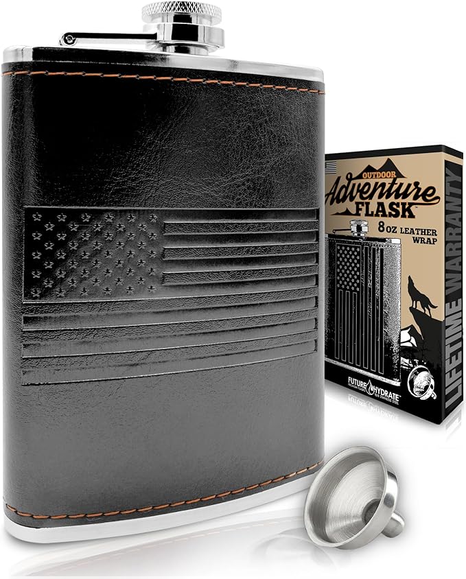 Leather American Flag Hip Flask - Leak Proof Food Grade Stainless Steel for Whiskey or Bourbon Liquor | Bonus Funnel (USA 8 Ounce Flask, Black Leather Wrap)