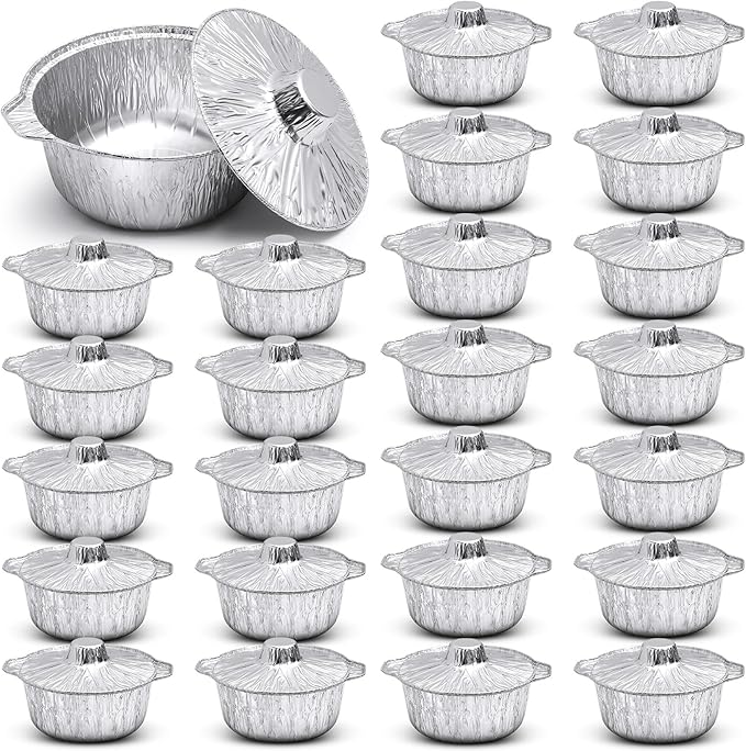 24 Pcs Disposable Aluminum Pot with Lid Round Foil Pans Disposable Cookware Food Container for Vacation Trips Camping Baking Heating Cooking (74.4 oz)