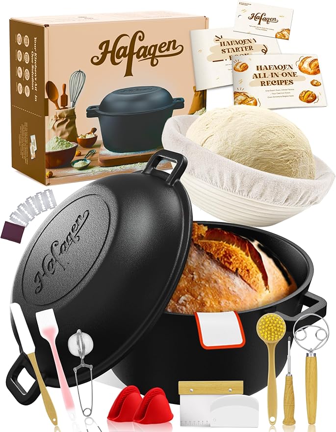 Cast Iron Dutch Ovens for Sourdough Bread Baking, 5 QT Pre-Seasoned Dutch Oven Pot with Lid, Bread Baking Supplies Set, Multi-Functional Braising Cast Iron pot for Baking, Sourdough Starter Kit