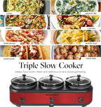 Elite Gourmet EWMST-325R Maxi-Matic Triple Slow Cooker Buffet Server Adjustable Temp Dishwasher-Safe Oval Ceramic Pots, Lid Rests, 3 x 2.5 Qt Capacity, Red