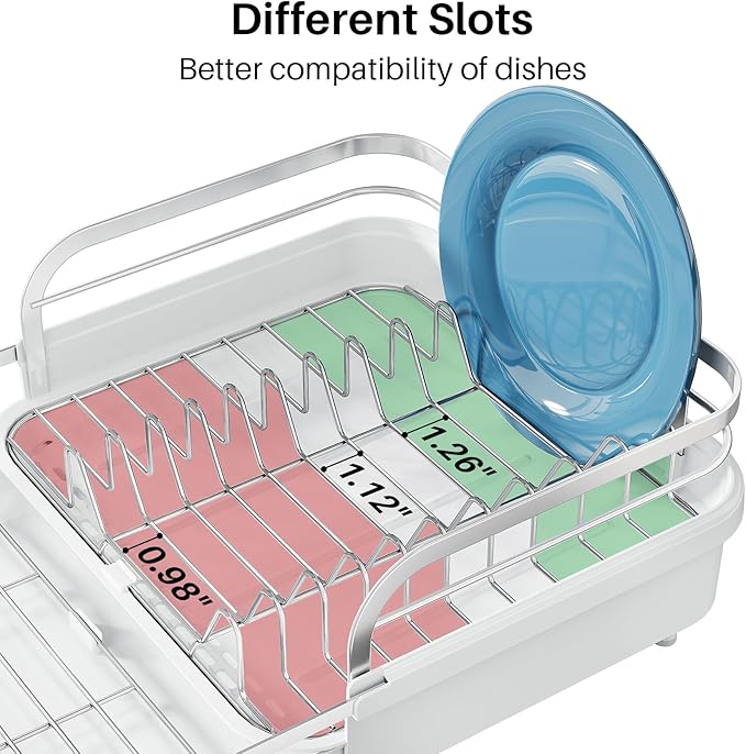 Dish Drying Rack, Expandable Dish Rack for Kitchen Counter, Stainless Steel Dish Drainer with Drainboard Set and Utensil Holder (White)