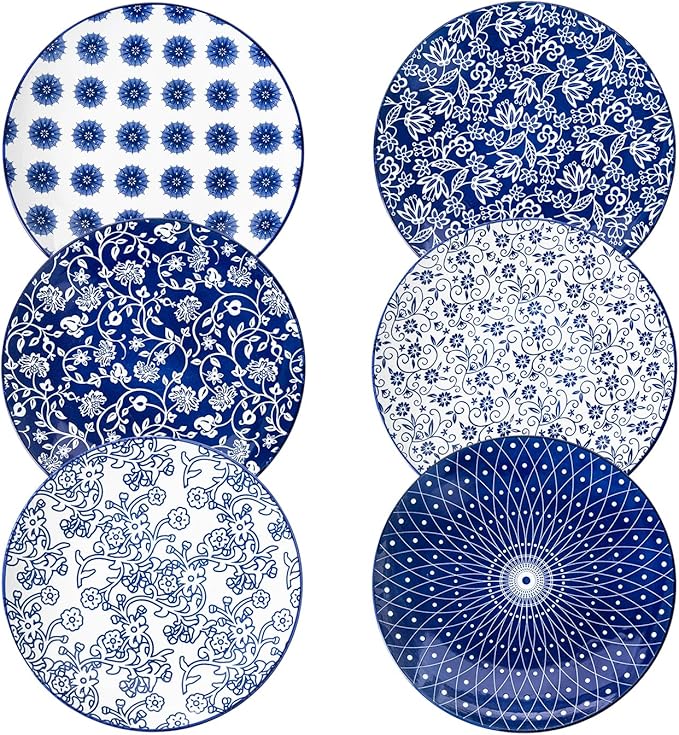 Ceramic Dinner Plates Set - 10.5 Inch Large Kitchen Porcelain Salad Serving Plate for Pasta Steak Pizza Pancakes - Scratch Resistant Dishwasher Oven Microwave Safe - Set of 6 - Vintage Blue
