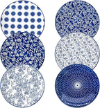 Ceramic Dinner Plates Set - 10.5 Inch Large Kitchen Porcelain Salad Serving Plate for Pasta Steak Pizza Pancakes - Scratch Resistant Dishwasher Oven Microwave Safe - Set of 6 - Vintage Blue