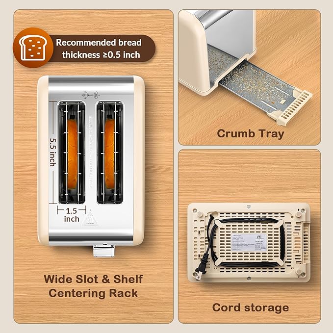 Mecity 2 Slice Touch Screen Toaster, 1.5" Wide Slot, Stainless Steel Smart Toaster for Bagels, Muffins, Waffles, Gluten-Free Breads, Defrost, Reheat, Timer, 120V 825W, Cream Color