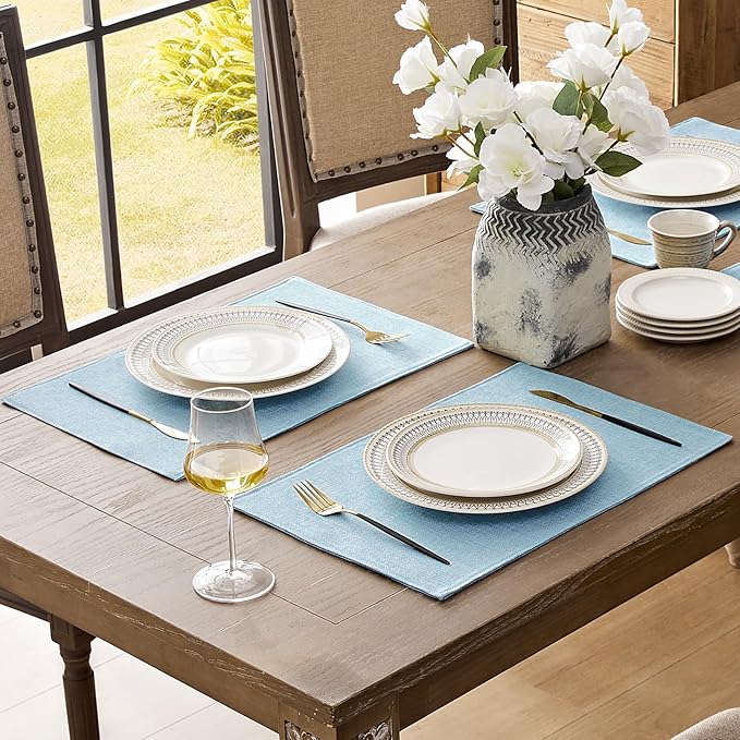 Romanstile Cloth Placemats Set of 4-12 x 18 Inch, Heat Resistant Double Layered Thickened Burlap Place Mats, Washable Faux Linen Farmhouse Table Mats for Kitchen/Dining/Party/Outdoor, Blue