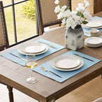 Romanstile Cloth Placemats Set of 8-12 x 18 Inch, Heat Resistant Double Layered Thickened Burlap Place Mats, Washable Faux Linen Farmhouse Table Mats for Kitchen/Dining/Party/Outdoor, Blue