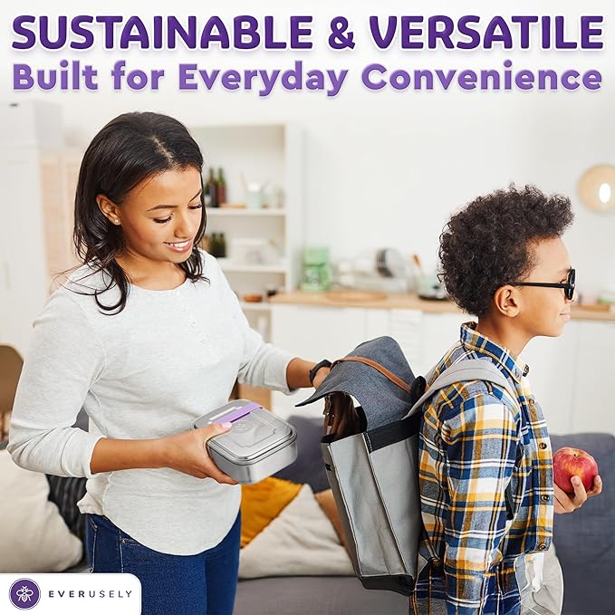 Everusely - Bento Box - Lavender, 47oz / 1.4 L - Stainless Steel Lunch Box with Leakproof Condiment Container - 3 Compartment Snack Organizer for On the Go Meals - Freezer & Dishwasher Safe