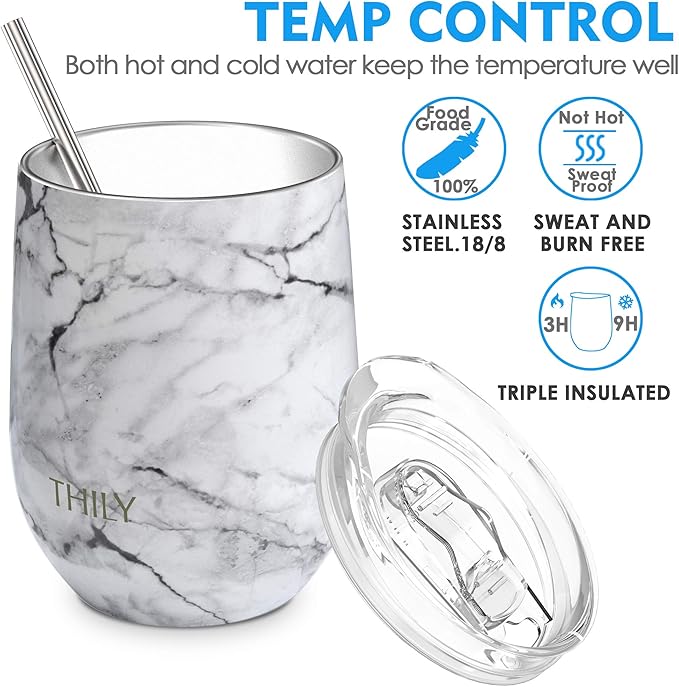 THILY Stainless Steel Stemless Wine Glasses 12 oz Vacuum Insulated Wine Tumbler with Lid and Straw, Reusable, Keep Cold & Hot for Drinks, Coffee, Cocktails, 2 Pack(Teal + Marble)