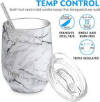 THILY Stainless Steel Stemless Wine Glasses 12 oz Vacuum Insulated Wine Tumbler with Lid and Straw, Reusable, Keep Cold & Hot for Drinks, Coffee, Cocktails, 2 Pack(Teal + Marble)