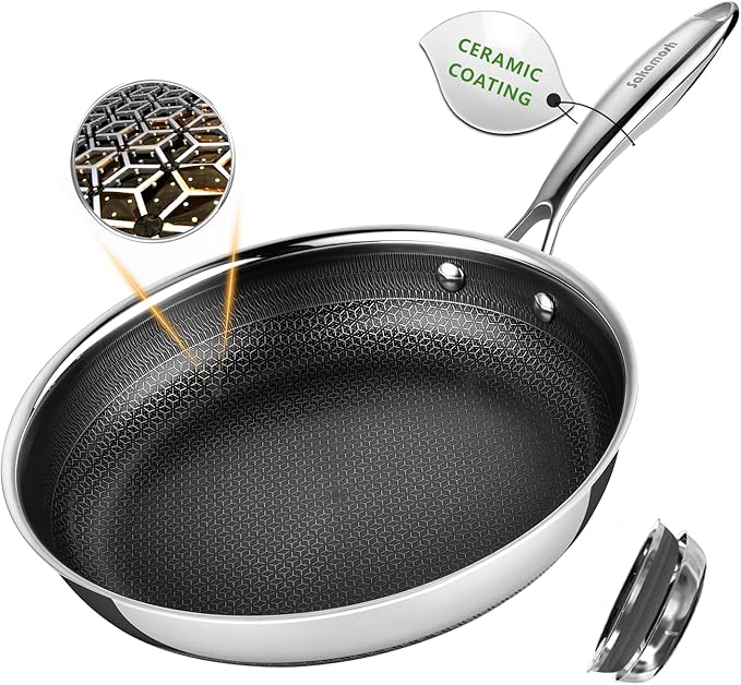 9.5" Non Stick Frying Pans, Stainless Steel Pan, Ceramic Skillet with Stay-Cool Handle, Non Toxic, PFAS PFOA PTFE Free, Dishwasher Safe, Induction, Compatible with All Cooktops