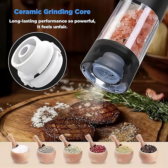 T&J's Upgraded Larger Capacity Electric Salt and Pepper Grinder Set Rechargeable (2 Pack) One Hand Operation with Storage Base, Five-Level Adjustable Coarseness and Warm LED Light, Black