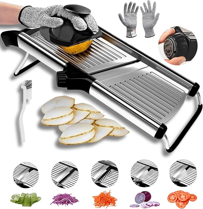GROA Mandoline Slicer For Kitchen- Mandolin Potato Slicer Onion Slicer Veggie Slicer Tomato Slicer in Kitchen Essentials with Resistant Gloves- Adjustable Stainless Steel Vegetables Slicer Food Slicer
