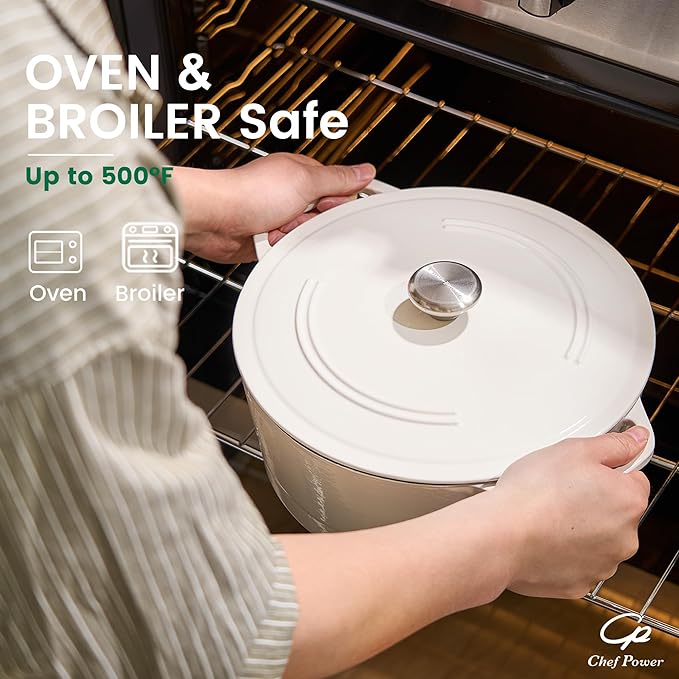 Chef Power Dutch Oven Pot with Lid 6QT, Enameled Cast Iron Dutch Oven for Bread Baking, Braising, Stews, Roasting, Oven Safe Dutch Ovens, Cream White