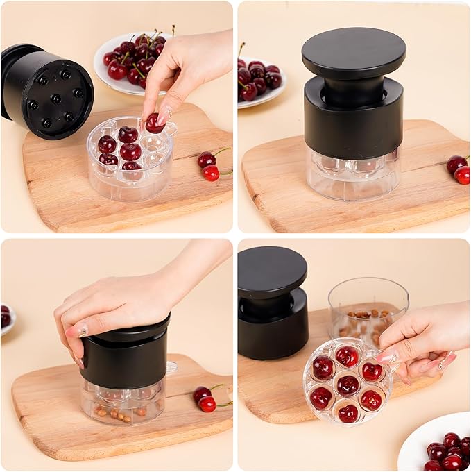 Cherry Pitter, 7-Hole Long Plunger Push Button Cherry Core Remover Tool with Splatter Protector, Quickly Pitting Cherries for Making Jam, Pies (Black)