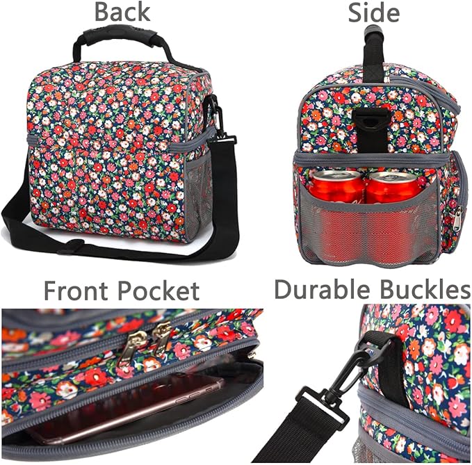FlowFly Double Layer Cooler Insulated Lunch Bag Adult Lunch Box Large Tote Bag for Men, Women, With Adjustable Strap,Front Pocket and Dual Large Mesh Side Pockets