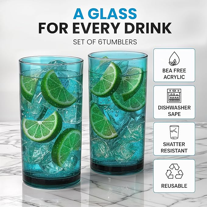 Zulay Kitchen Acrylic Glasses Drinkware - 6 Piece Unbreakable Plastic Tumblers - BPA-Free, Reusable Plastic Drinking Glasses for Home & Outdoors - Lead-Free & Dishwasher Safe - Turquoise - (16oz)