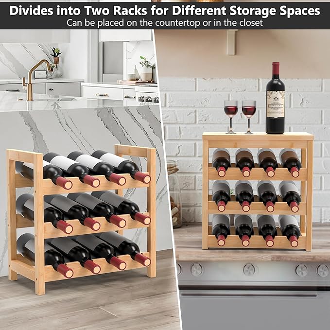 6 Tier Wine Rack Freestanding Floor, 24-Bottle Bamboo Wine Storage Shelf Display Rack with Table Top for Kitchen Bar Cellar