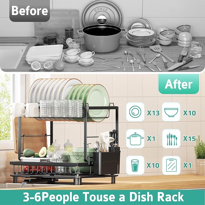 Dish Drying Rack, 2 Tier Space-Saving Dish Rack, Multifunctional Dish Drainer for Kitchen Counter with Drainboard/Utensil/Cup Holder Rustproof Carbon Steel, Black