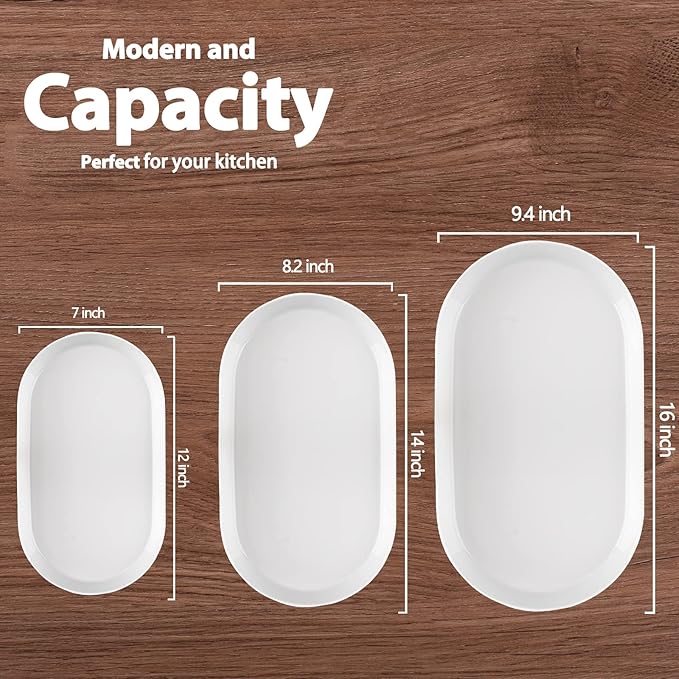 Large Serving Platter - 16"/14"/12" Oval Serving Tray, Ceramic Turkey Platters for Entertaining, Christmas Party, Set of 3, White