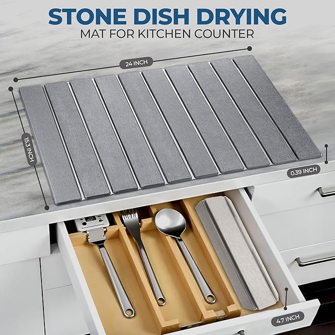 Premium Stone Dish Drying Mat – Large Foldable Kitchen Counter Mat, Super Absorbent Diatomaceous Earth with Coasters, Brush & Anti-Slip Pad – Fast Drying, Dark Gray