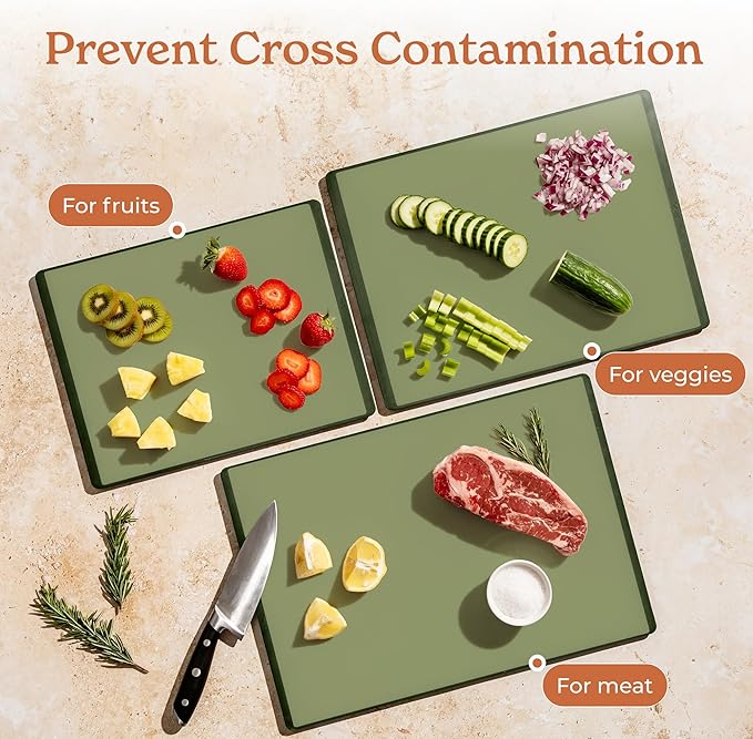 SMIRLY Plastic Cutting Board Set with Holder 3 Pieces, Non-Slip Dishwasher Safe Chopping Boards for Kitchen, Green