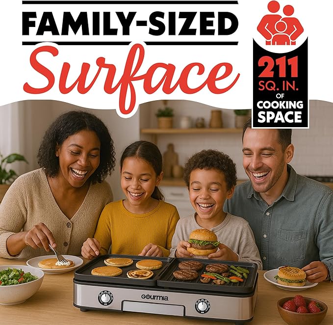 Gourmia 3-in-1 Indoor Grill/Griddle Electric Combo - 250-400°F Adjustable Dual Cooking Zones with Removable Nonstick Reversible Ceramic Plates - Non Toxic Dishwasher Safe Countertop Kitchen Appliances