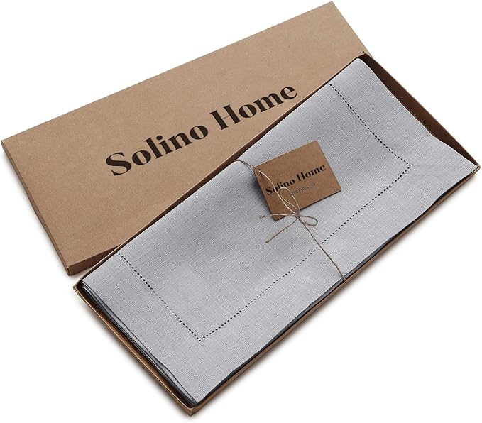 Solino Home Linen Soft Grey Table Runner 72 Inches Long - 100% Pure Linen Hemstitch Table Runner 14 x 72 Inch for Dresser, Dining, Summer, Fall, Autumn, Halloween - Classic Hemstitch