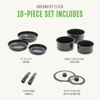 GreenLife 10 Piece Nonstick Pots & Pans Set, Detachable Handle & Stackable Cookware Set, Non Toxic PFAS-Free Skillets, Induction Kitchen Pans, Space Saving, Serving Bowls, Oven Safe, Granite Black