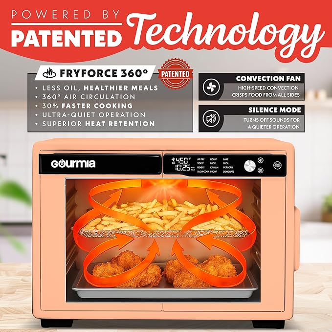 Gourmia French Door Digital Air Fryer Oven - 25-Quart XL Capacity, 12 Presets, Touchscreen, FryForce 360° Tech, Dehydrate, Proof, Slow Cook, Fits 13” Pizza, 1700W, Peach
