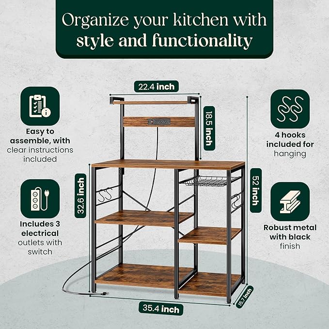 Kitchen Bakers Rack with Power Outlet & Hangers - 35.5x15.7x51.6 Kitchen Storage Rack Useful as Microwave Stand, Coffee Station and as Extra Shelves - Perfect for Organized & Stylish Kitchens