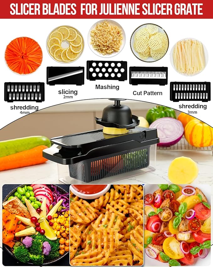 12 in 1 Vegetable Chopper Spiralizer Mandoline Slicer, Dicer Shredder Julienne Food Veggie Onion Chopper Cheese Grater with Container Salad Cutter Multi All-in-1 Kitchen Gadgets & Home Essentials