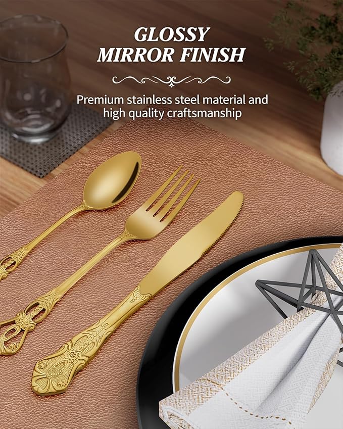24 Pieces Gold Silverware Set for 4, Retro Royal Flatware Set with Steak Knives, Gorgeous Stainless Steel Cutlery Utensil Set Include Forks Spoons and Knives, Mirror Finish,Dishwasher Safe