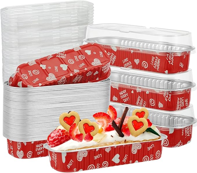 50 Pcs Valentine Mini Loaf Pans With Lids, 6.8oz Rectangle Aluminum Foil Baking Cups Muffin Tins Disposable Mini Cake Pans for Wedding Party Decoration Supplies