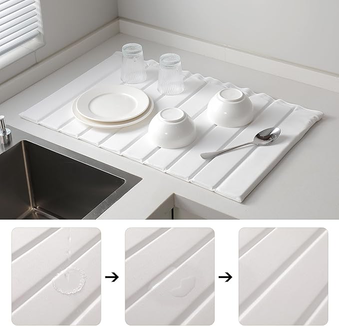 Stone Drying Mat for Kitchen Counter, Collapsible Diatomaceous Earth Dish Drying Mats, Supe Absorbent Quick Dry Stone Mat Kitchen，PU Leather Surface Removable and washable (White, 23.6”x15.4”)