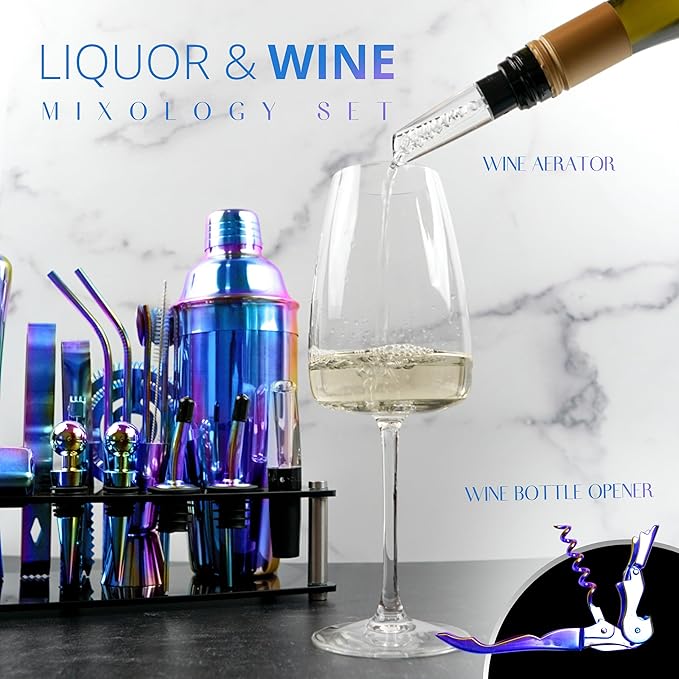 Mixology Bartender Kit – 24 Piece Rainbow Cocktail Shaker Set w/Stand – Essential Home Bar Accessories Martini Shaker, Jigger, Muddler, Chilling Cubes & More