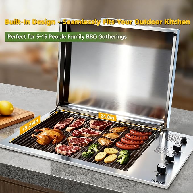 34-Inch Premium Built-In Liquid Propane Griddle for Outdoor Kitchen, 3-Burner Heavy Duty Stainless Steel Flat Top Grill with Lid, 48,000 BTUs, Large Cooking Area for BBQ Island, Outdoor Cooking,Silver