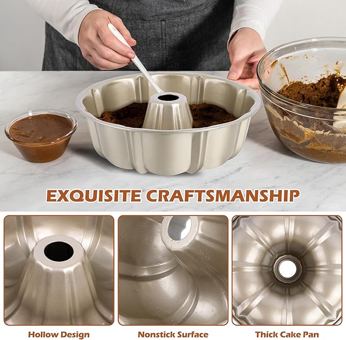 E-far 10 Inch Fluted Cake Pan, Nonstick Tube Pan for Baking Pound Cake, Heavy Duty Carbon Steel Round Baking Mold, Easy Release & Easy to Clean, 10 Cup, Champagne Gold