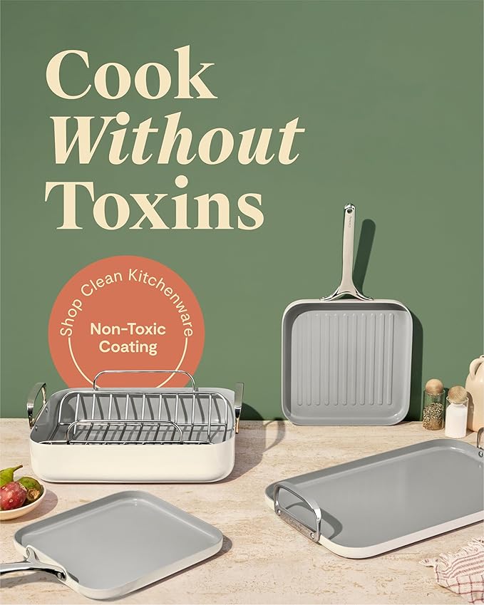 Caraway Square Cookware Set - Square Pans Set - Perfect for Griddling, Toasting, Searing, Roasting, and More - Non-Stick Ceramic Coated Pans - Non Toxic, PTFE & PFOA Free - Cream
