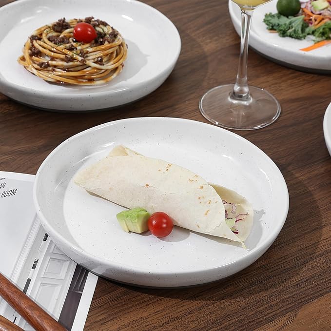 8-Inch Stoneware Dinner Plates - 4 Piece Ceramic Plates for Pasta, Salad, or Appetizers - Microwave and Dishwasher Safe, Plates Set for Casual Dining or Formal Gatherings,White(Grey Bottom)